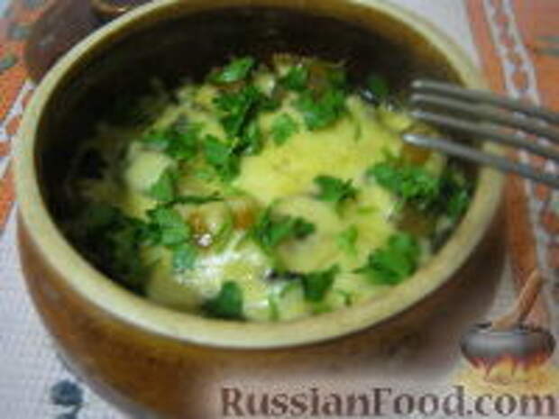Фото к рецепту: Куриное жаркое с грибами в горшочках