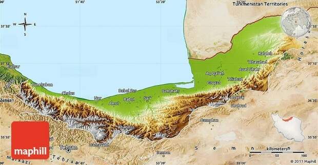 Физическая карта региона. В некоторых местах горы подступают вплотную к Каспию, оставляя только 2 км равнины. Elburz означает «высокая гора». Иранские летописцы Эльбурзом называли вообще весь Кавказкий хребет (почему бы и нет). Вероятно, ноги происхождения нашего Эльбруса тоже растут из этого универсального названия