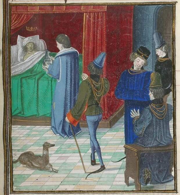 Карл VI, прикованный к постели, и его врач, в хрониках Фруассара, около 1300-х годов. \ Фото: wordpress.com.