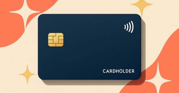 A dark blue credit card on beige and coral background with sparkles.