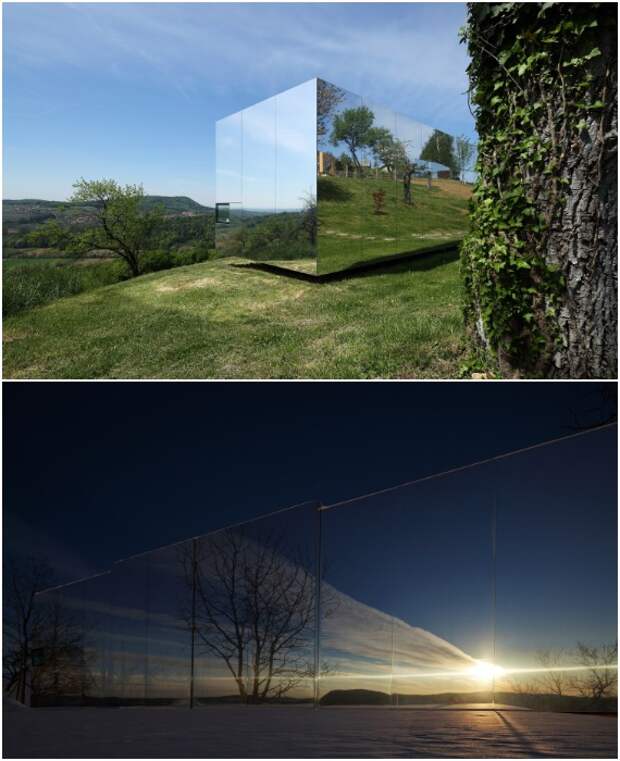 Casa Invisibile – быстровозводимый модульный дом, фасад которого состоит и зеркальных панелей.