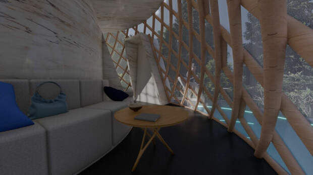 Зона гостиной на нижнем уровне лесной хижины (визуализация Cocoon Villas). | Фото: amazingarchitecture.com.