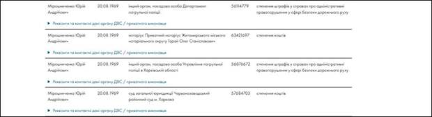 Только неоплаченных штрафов за ним числится около десятка. Скриншот: erb.minjust.gov.ua