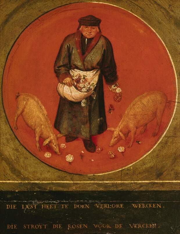 Pieter Bruegel I<br>Title Twelve Flemish Proverbs, Casting Roses before Swine<br>Work Type painting<br>Date 1558<br>Material oil on oak panel<br>Measurements whole: 74.5 x 98.4 cm; diameter of each medallion: 21 cm<br>Description Inscription: If any