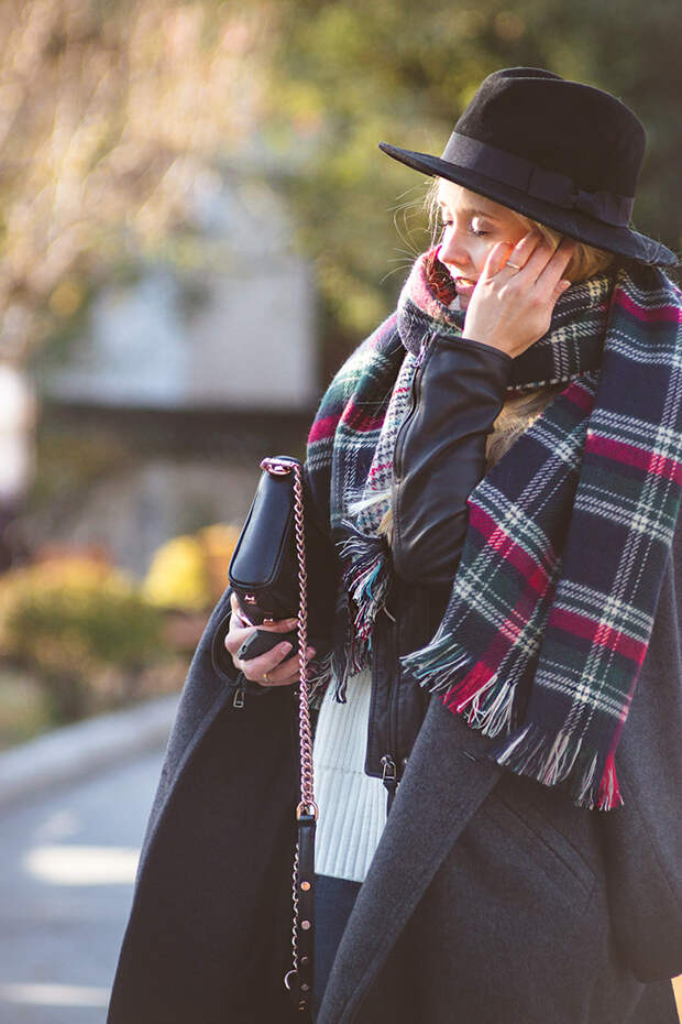 Olga choi fashion blogger myblondegal South Korea smart casual elegant Kate-Katy long oversize coat Kate-Katy white knit vest Armani Exchange leather jacket Kate-Katy check scarf Rebecca Minkoff MAC bag Choies fedora hat-05722