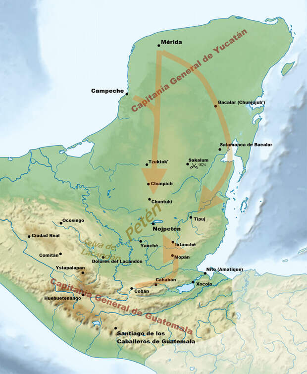 Карта боевых действий на Юкатане и в Гватемале. itzaarchaeology.com - Тайясаль 1524–1624: последний оплот майя | Warspot.ru