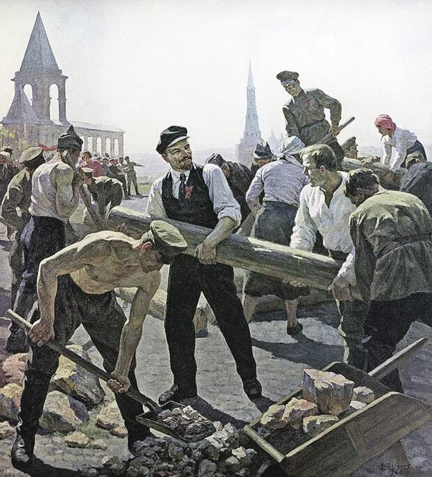 Советские живописцы нарисовали множество картин, посвященных Ильичу на субботнике. Картина «В. И. Ленин на субботнике в Кремле»
