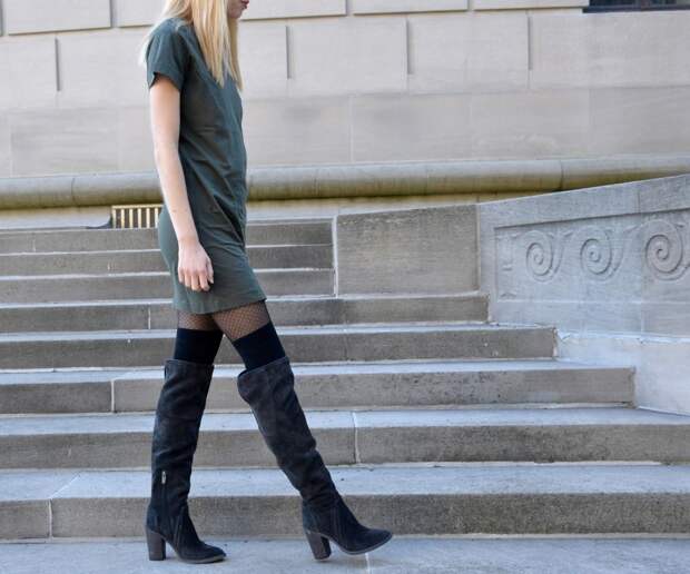 Strutting in a tee shirt dress with over the knee boots for fall