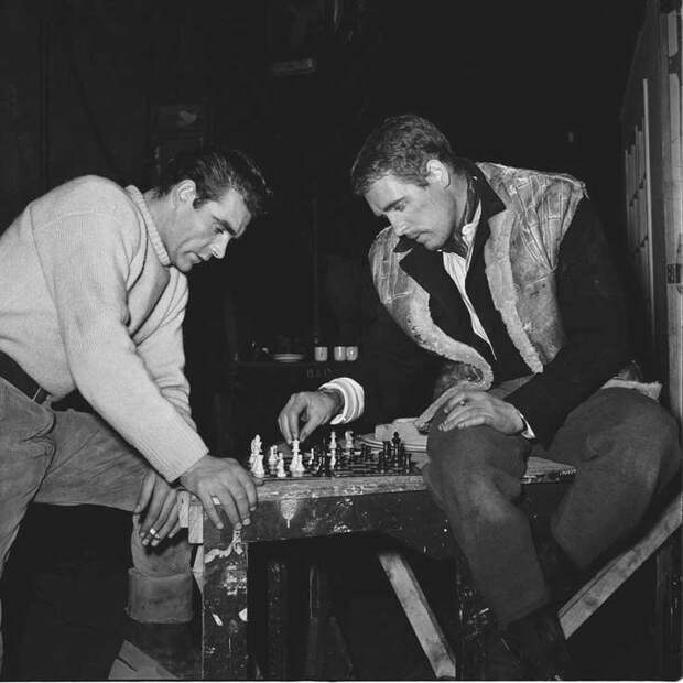 Шон Коннери и Патрик МакГуэн играют в шахматы во время перерыва на съемках фильма Адские водители, 1956 г. голливуд, за кадром, кино, фото