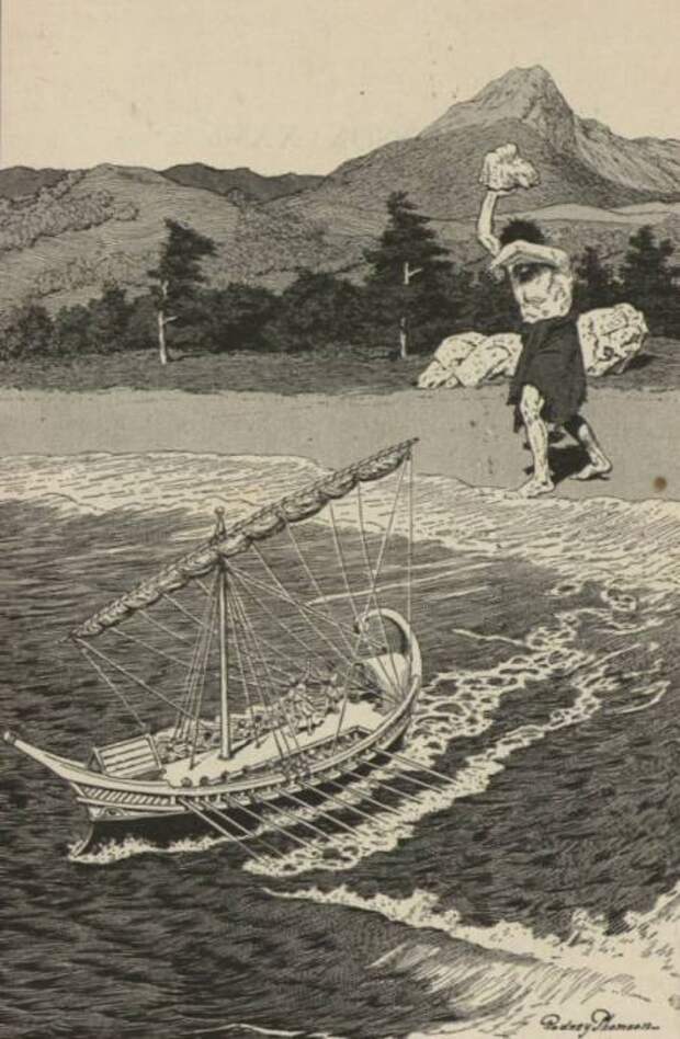 Циклоп Полифем бросает скалу в корабль Одиссея