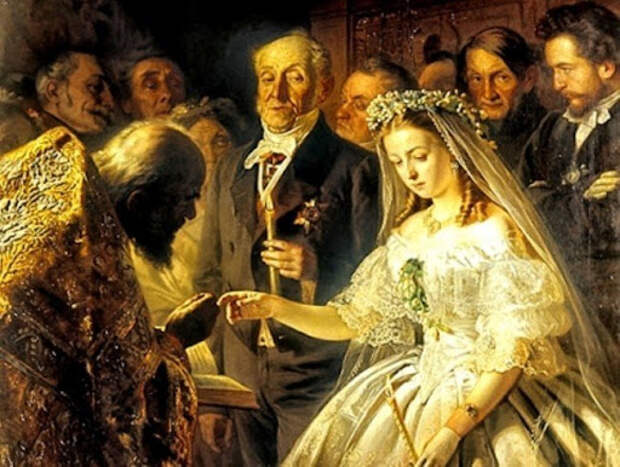 Что держит в левой руке жених на картине Василия Пукирева "Неравный брак" ?