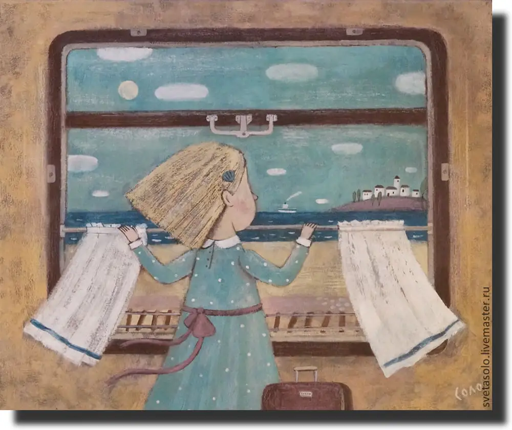 Ребенок едет на поезде с бабушкой. Путешествие в поезде живопись. Путешествие живопись. Картины на тему путешествие.