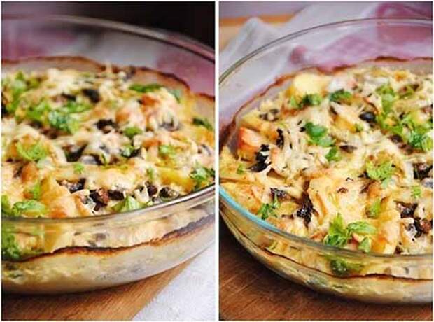 картофельный гратен с курицей и грибами