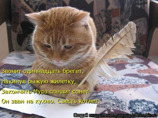 Котоматрица: Звонит одиннадцать брегет, Накинув рыжую жилетку, Закончить Мурз спешит сонет- Он зван на кухню. Съесть котлет.