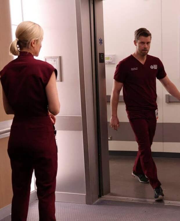 Ripley coming out of an elevator that Hannah is facing on Chicago Med S10 E1