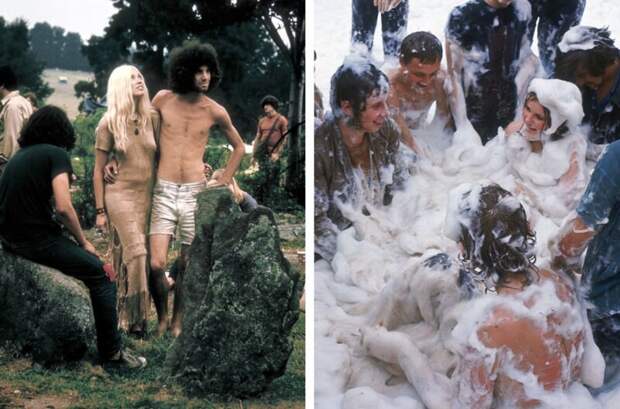 Слева: Вудсток, 1969 год. Справа: люди, покрытые пеной, веселятся на фестивале Isle of Wight. интересное/. фотографии, история, хиппи