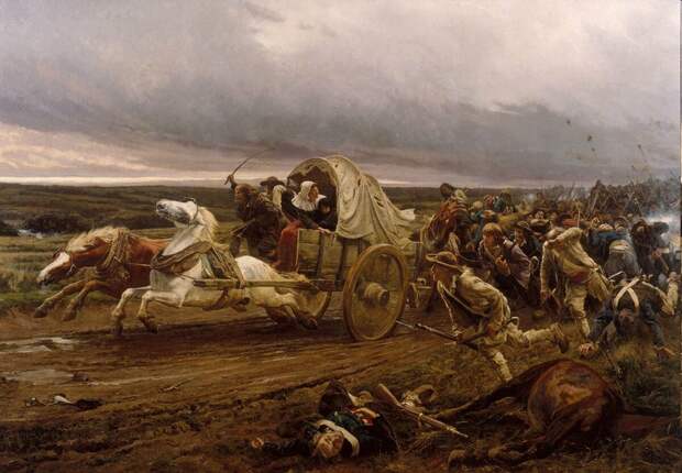 Бегущая после битвы при Шоле Королевская и Католическая армия. Художник: Jules Girardet   