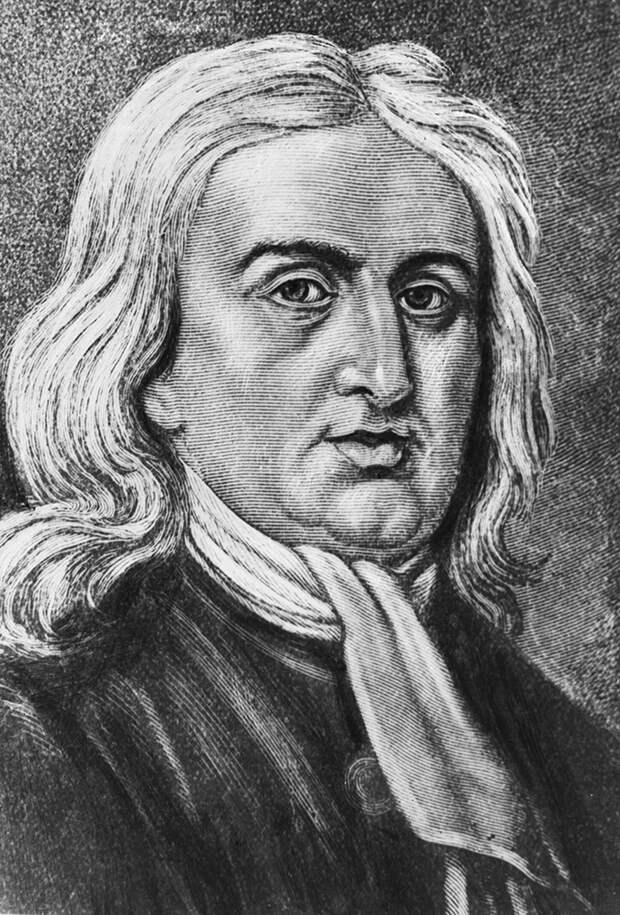Репродукция гравюры с портрета английского ученого Исаака Ньютона.