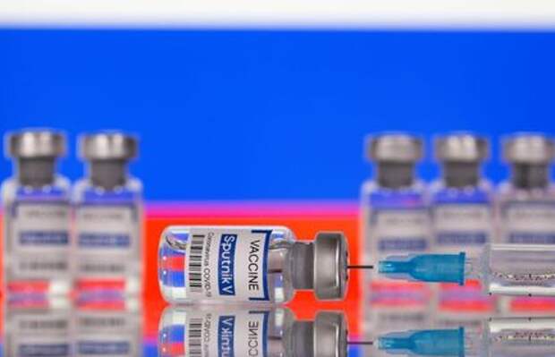 Vials labelled "Sputnik V Coronavirus COVID-19 Vaccine" and a syringe are seen in front of a displayed Russian flag, in this illustration photo taken March 12, 2021. REUTERS/Dado Ruvic/Illustration