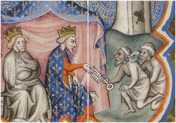 Филипп Август и Ричард Львиное Сердце получают ключи от Акры, 1191 год, миниатюра XIV в. из «Больших французских хроник», Париж, Национальная Библиотека Франции.