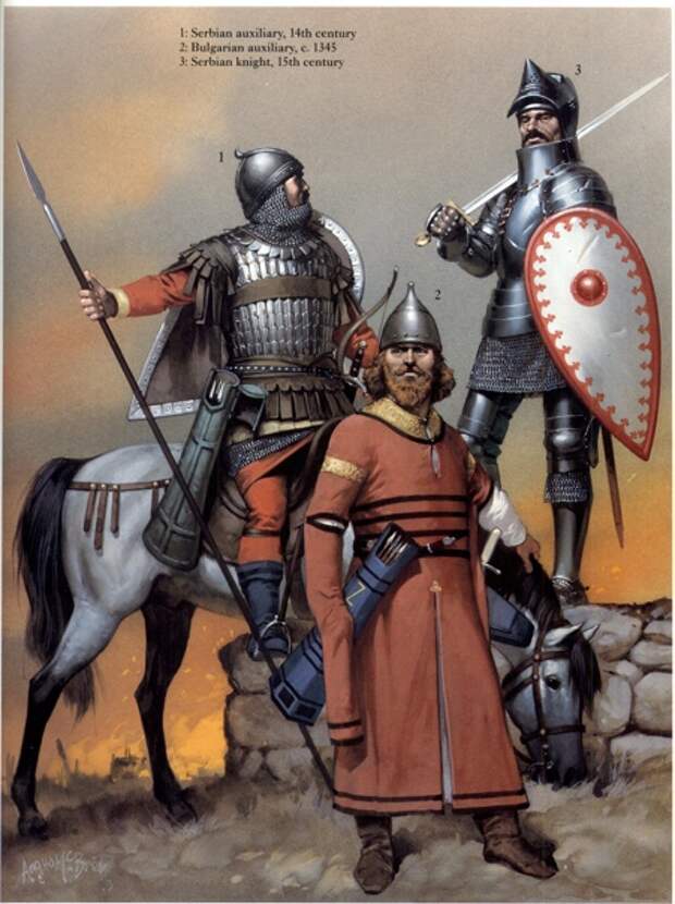 Сербские и болгарский наемники в византийской армии. Обратите внимание, первый серб одет как византиец, другой выглядит как типичный европейский рыцарь. / Рисунок Ангуса МакБрайда.