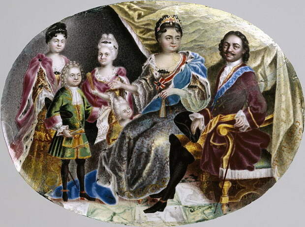Миниатюра времен Петра I: Петр с Екатериной, дочерьми и внуков Петром Алексеевичем
