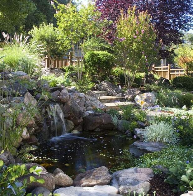 Водоем, окруженный камнями, с водопадом в зеленом саду