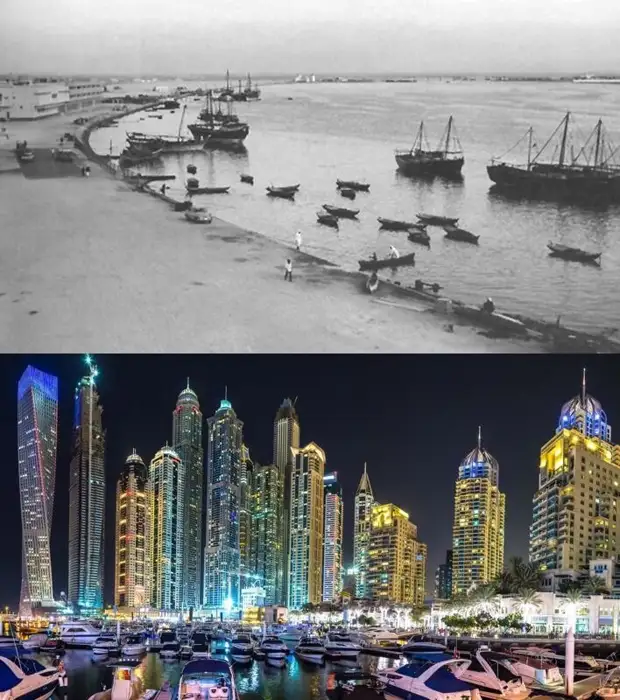 Дубай — крупнейший город в Объединённых Арабских Эмиратах. Фото до и после обнаружения и нескольких десятков лет добычи основного источника энергии 4 технологического уклада — нефти.