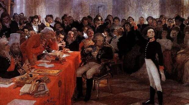 И. Е. Репин, «А. С. Пушкин на акте в Лицее 8 января 1815 года читает свою поэму «Воспоминания в Царском селе»», 1911 г.
