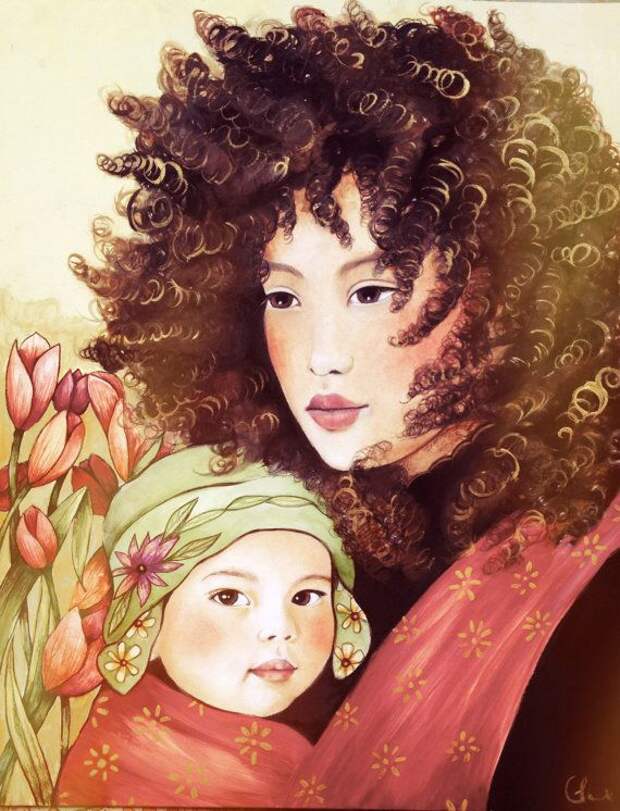 Mother and child windy day art print by PrintIllustrations on Etsy, $20.00