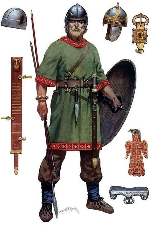 Одежда и вооружение воина германского племени. Современная иллюстрация.