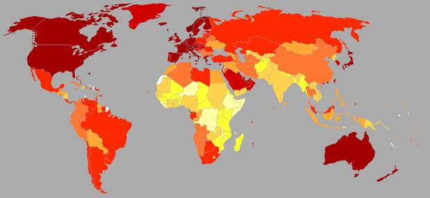Карта богатых и бедных стран мира. От белого к красному — по увеличению дохода на человека. Страны с жарким и холодным климатом — в аутсайдерах