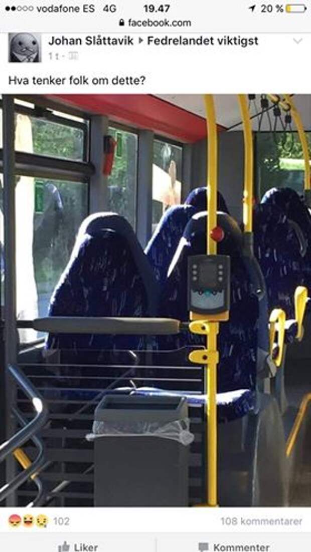 Норвежский журналист Йохан Слэттавик  опубликовал фотографию пустых мест в автобусе, отдаленно напоминающих группу мусульманок в парандже, на странице сообщества 