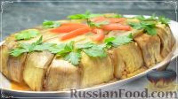 Фото к рецепту: Торт из баклажанов, с курицей и рисом (запеченный в духовке)