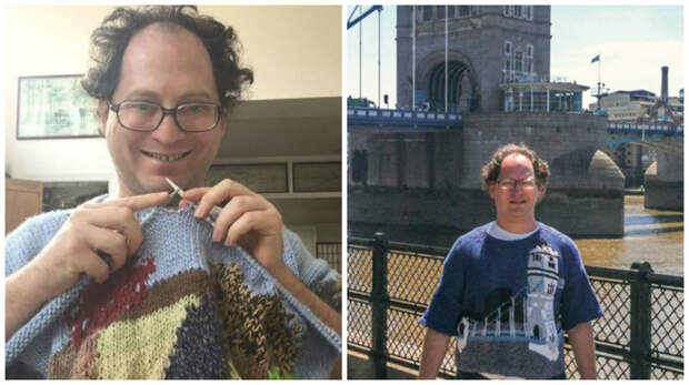 Для того, чтобы справиться с болезнью, парень вяжет свитера с изображением всех мест, где он побывал интересное, пряжа, свитера, фото