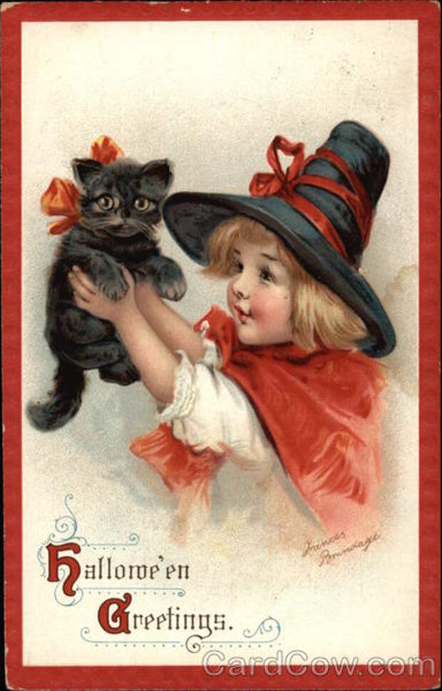 Halloween Greetings with Black Cat & Child Frances Brundage