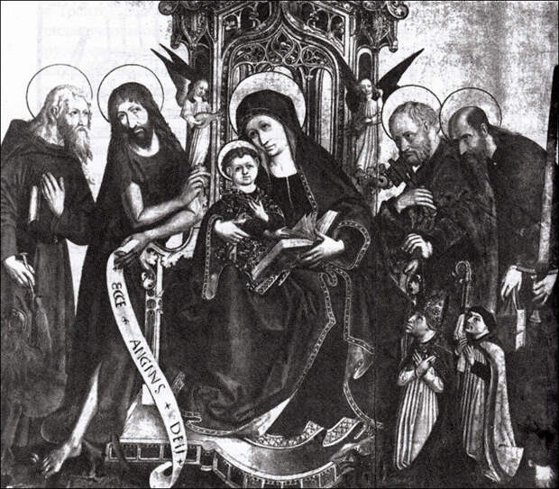 Мадонна, Иисус и святые, и среди них Иоганнес Гиндербах. Картина из Тренто, конец XV в.