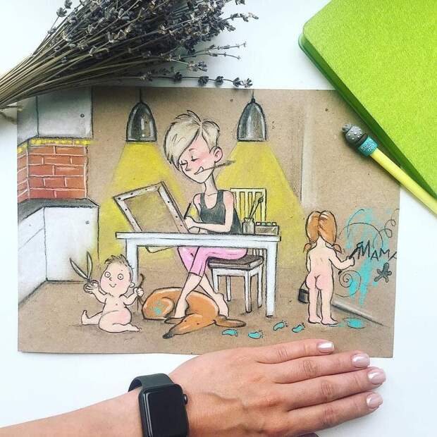 Художница с двумя детьми создаёт рисунки о том, как ей удаётся всё успевать и не сходить с ума