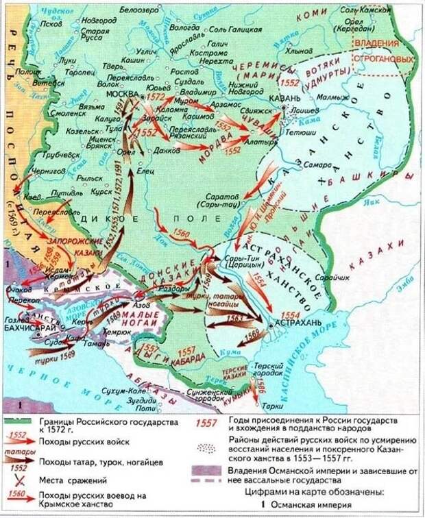 Карта борьбы России с Крымским ханством и Османской империей