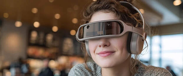 В оголовье наушников встроили откидной дисплей с эффектом полного погружения