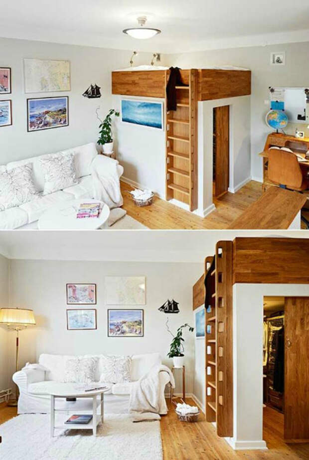 Небольшая комната с кроватью чердаком и гардеробной.