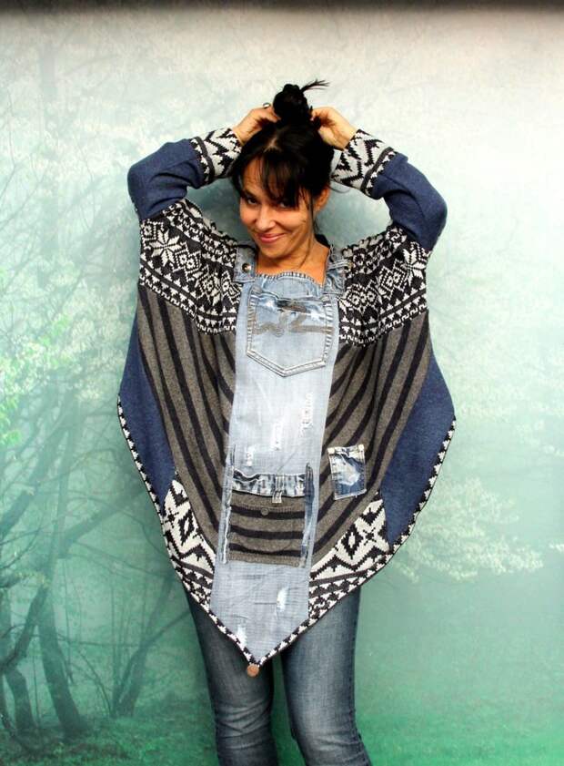 M-XL Crazy denim and sweaters patchwork poncho recycled hippie boho style by jamfashion on Etsy: 