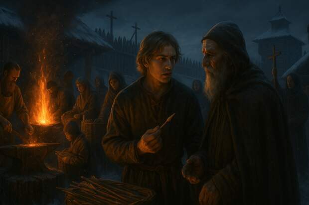 Ночь перед битвой. Славянский городок готовится к защите. Горны у кузнецов пылают, искры летят в морозном воздухе. Мужчины-кузнецы куют наконечники стрел, женщины несут корзины с оружием.