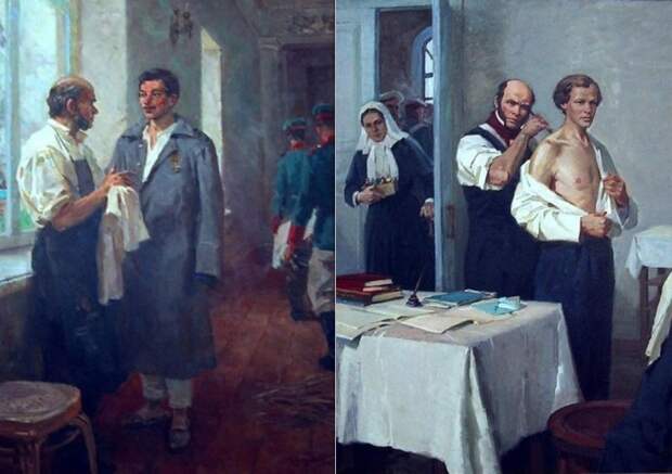 Слева – Л. Коштелянчук. Н.И. Пирогов и матрос Петр Кошка. Справа – И. Тихий. Н. И. Пирогов осматривает больного Д. И. Менделеева | Фото: liveinternet.ru Слева – Л. Коштелянчук. Н.И. Пирогов и матрос Петр Кошка. Справа – И. Тихий. Н. И. Пирогов осматривает больного Д. И. Менделеева | Фото: liveinternet.ru