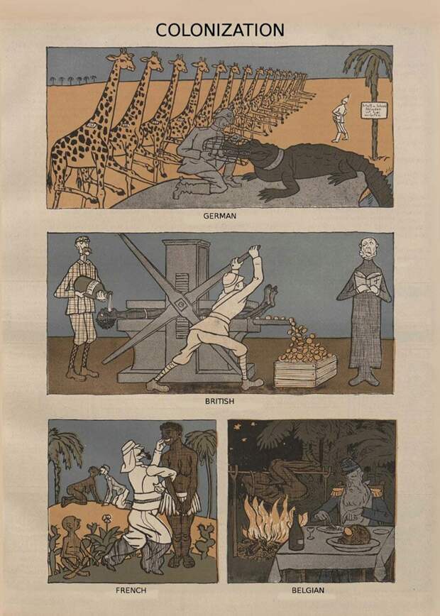 Карикатура на различные подходы к колонизации Африки у народов Европы, 1904 год. 