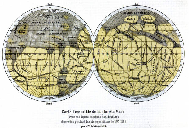 Карта Марса Дж. Скиапарелли, 1888 г.