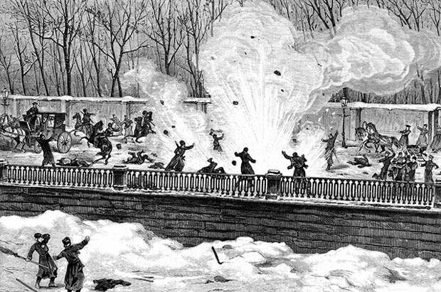 Покушение на жизнь Александра II 1 марта 1881 года — взрыв второго снаряда. Из Журнала «Всемирная иллюстрация» от 14 марта 1881 г.