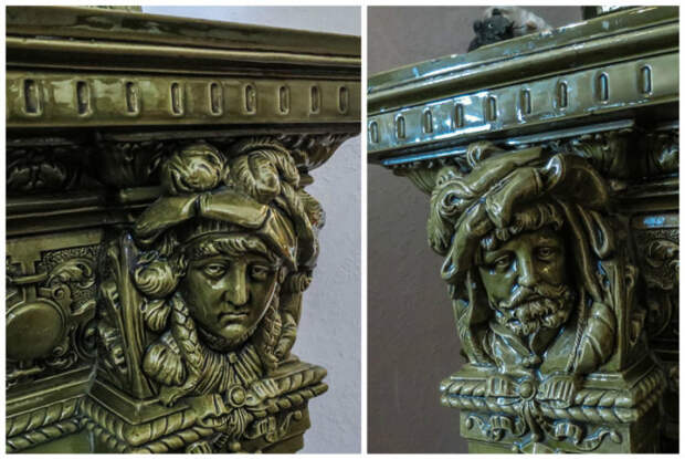 Выразительные лица украшают углы изразцового камина.