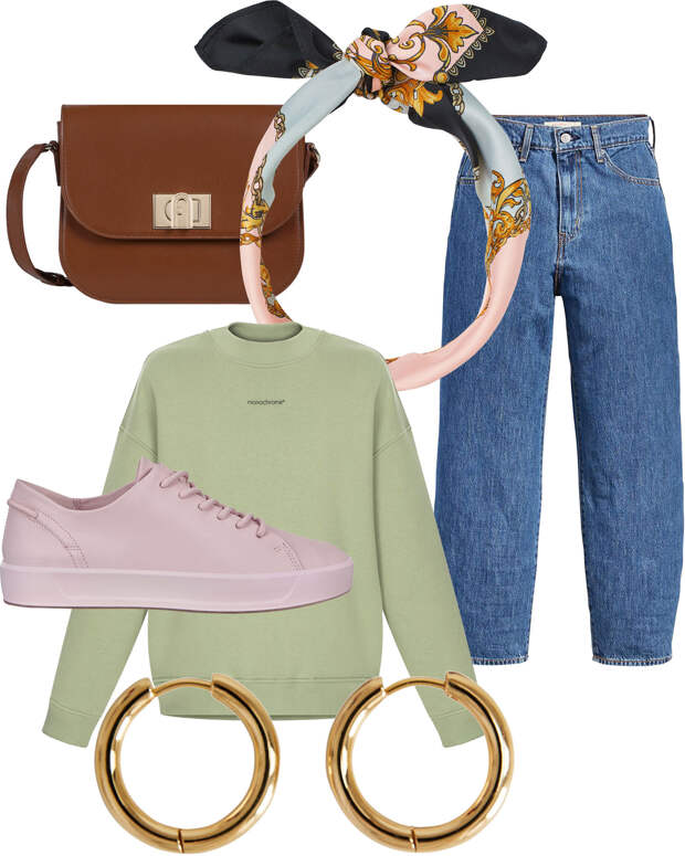 Свитшот, Monochrome, 7500 руб.; сумка, Furla, 31 000 руб.; кроссовки, Ecсo, 7999 руб.; серьги, Mango, цена по запросу. 