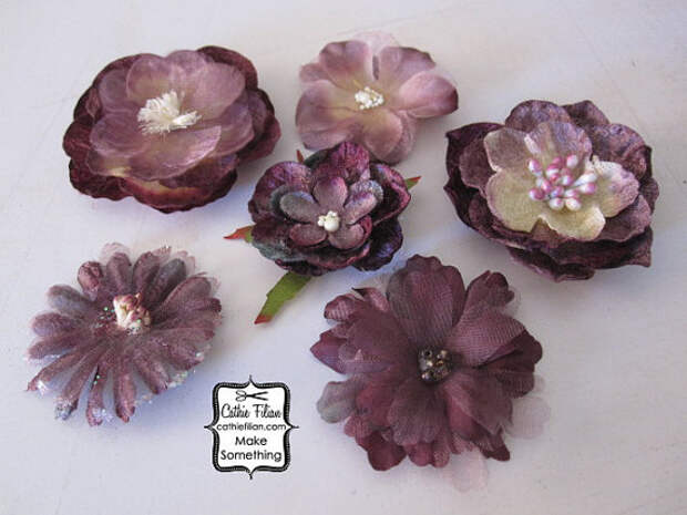 Слива пурпурным бархатом и украшения Шелковый цветок - набор из шести цветов изменены - Дамских, Измененные Couture, волос Цветы